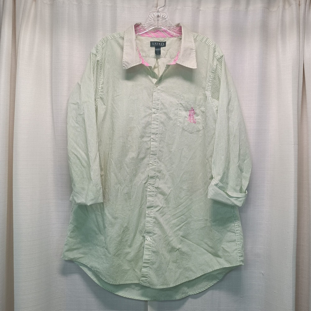 Lauren Ralph Lauren Green White Striped Button Down Nightgown Pink Logo L/XL